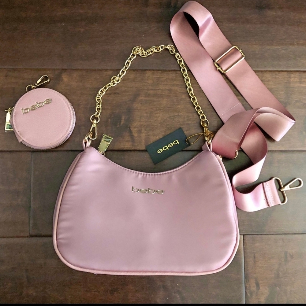bebe Dusty Pink Satin Shoulder Bag with Gold Chain and Coin Pouch Nwt